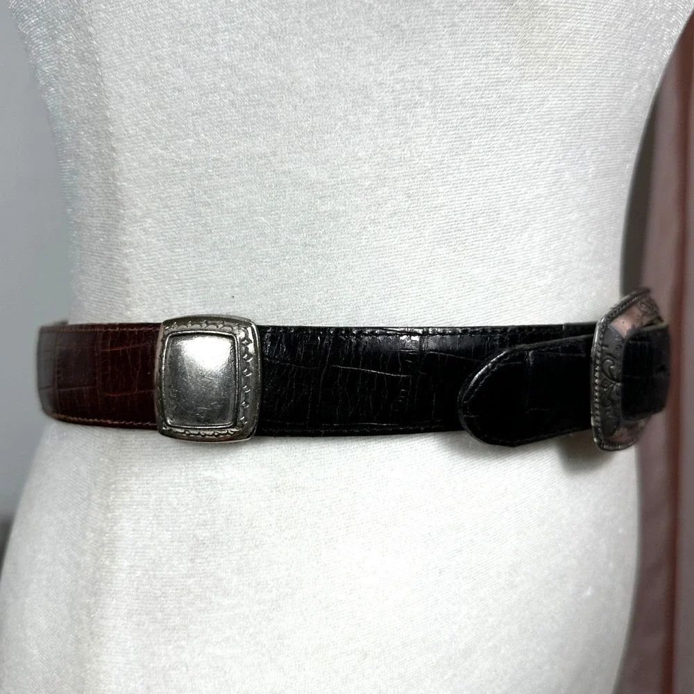 VTG Brighton Belt‎ Womens Small Black Brown Croc Embossed Leather Silver Buckle